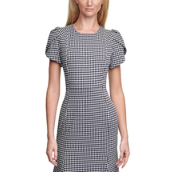 NWTs Calvin Klein Houndstooth Tulip Sleeve Mermaid Skirt Workwear Dress (8) - Picture 3 of 16